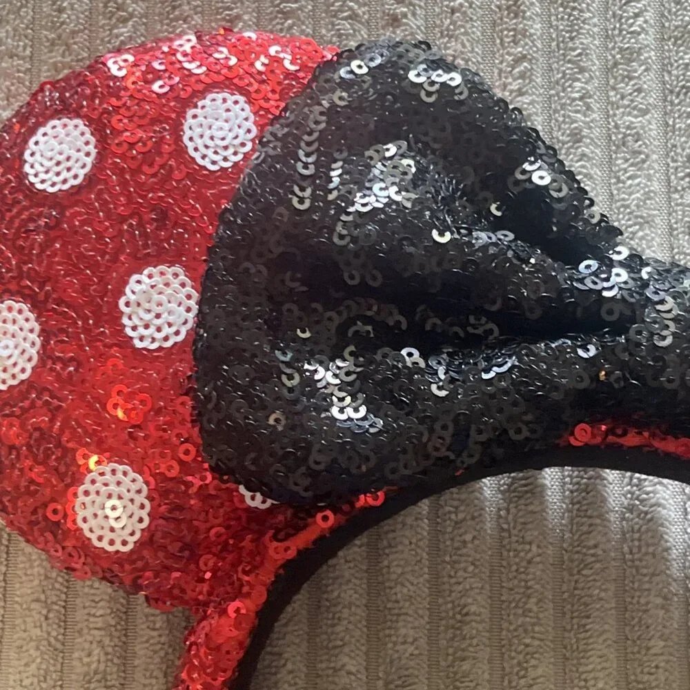 Disney Park White Bow Red Polka Dot Minnie Mouse Ears Sequins Headband Kid Adult - Picture 7 of 7